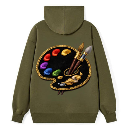 PAINT PALETTE - artist palette with brushes in rainbow and brown , - Classic Pullover Hoodie - ArmyGreen