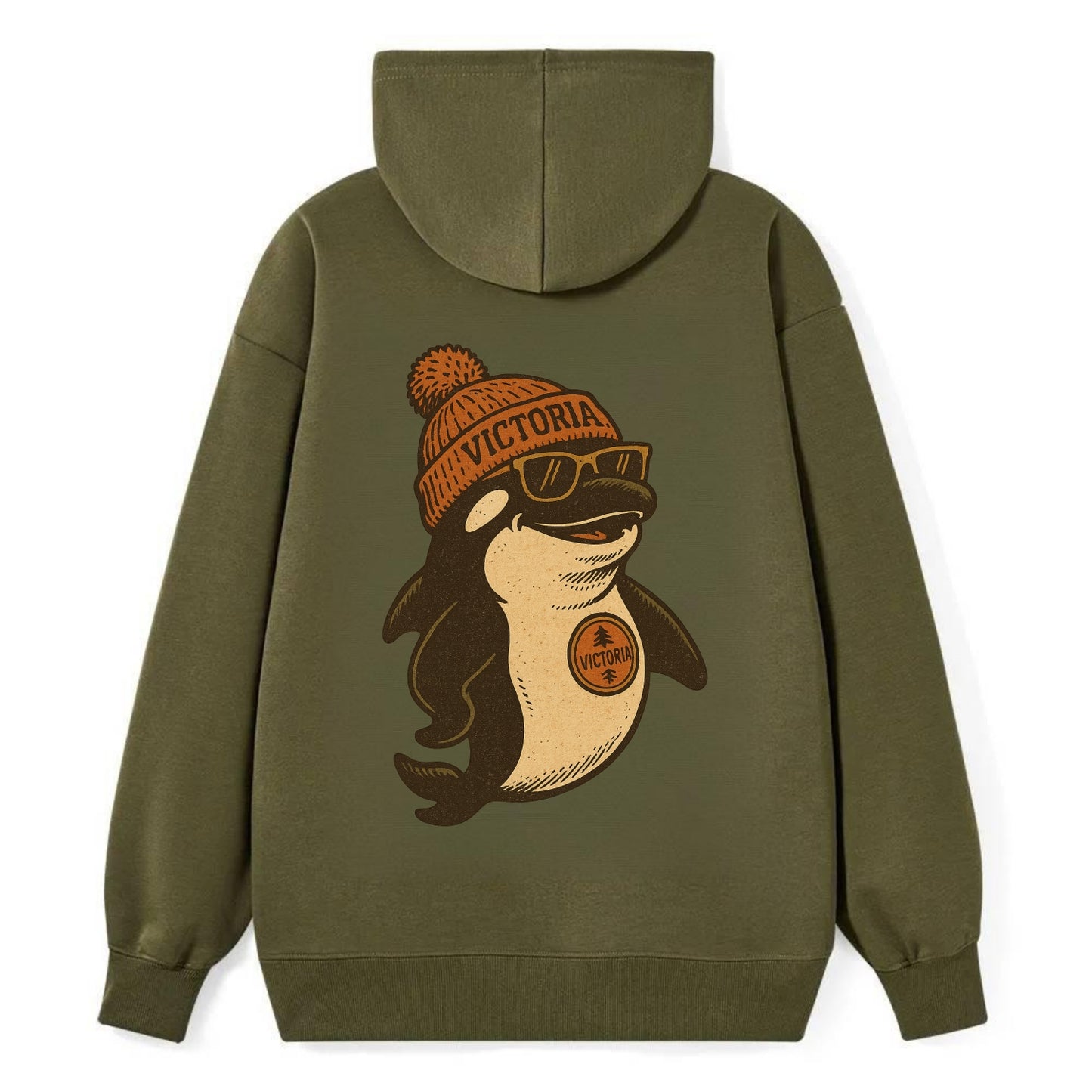 Victoria Orca wearing Victoria beanie with pom pom and wayfarer sunglasses - Classic Pullover Hoodie - ArmyGreen