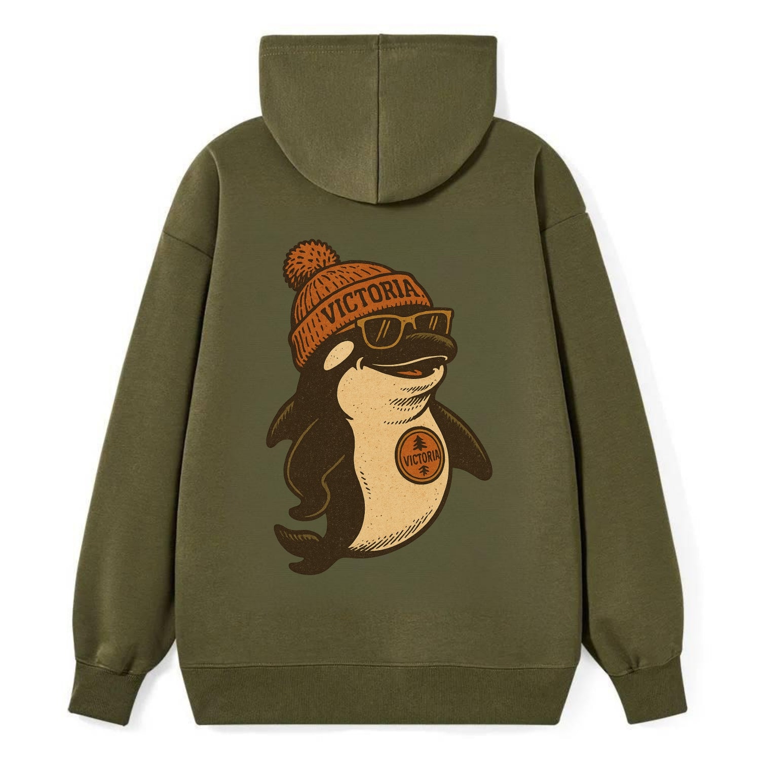 Victoria Orca wearing Victoria beanie with pom pom and wayfarer sunglasses - Classic Pullover Hoodie - ArmyGreen