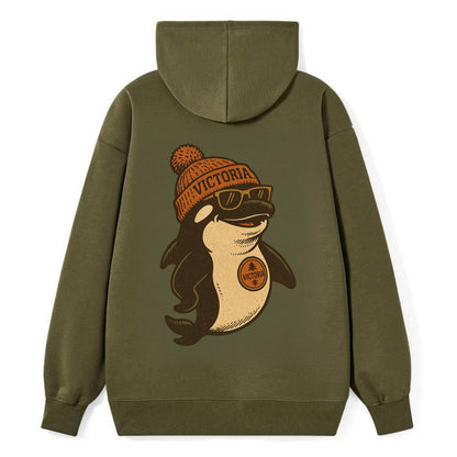 Victoria Orca wearing Victoria beanie with pom pom and wayfarer sunglasses - Classic Pullover Hoodie - ArmyGreen