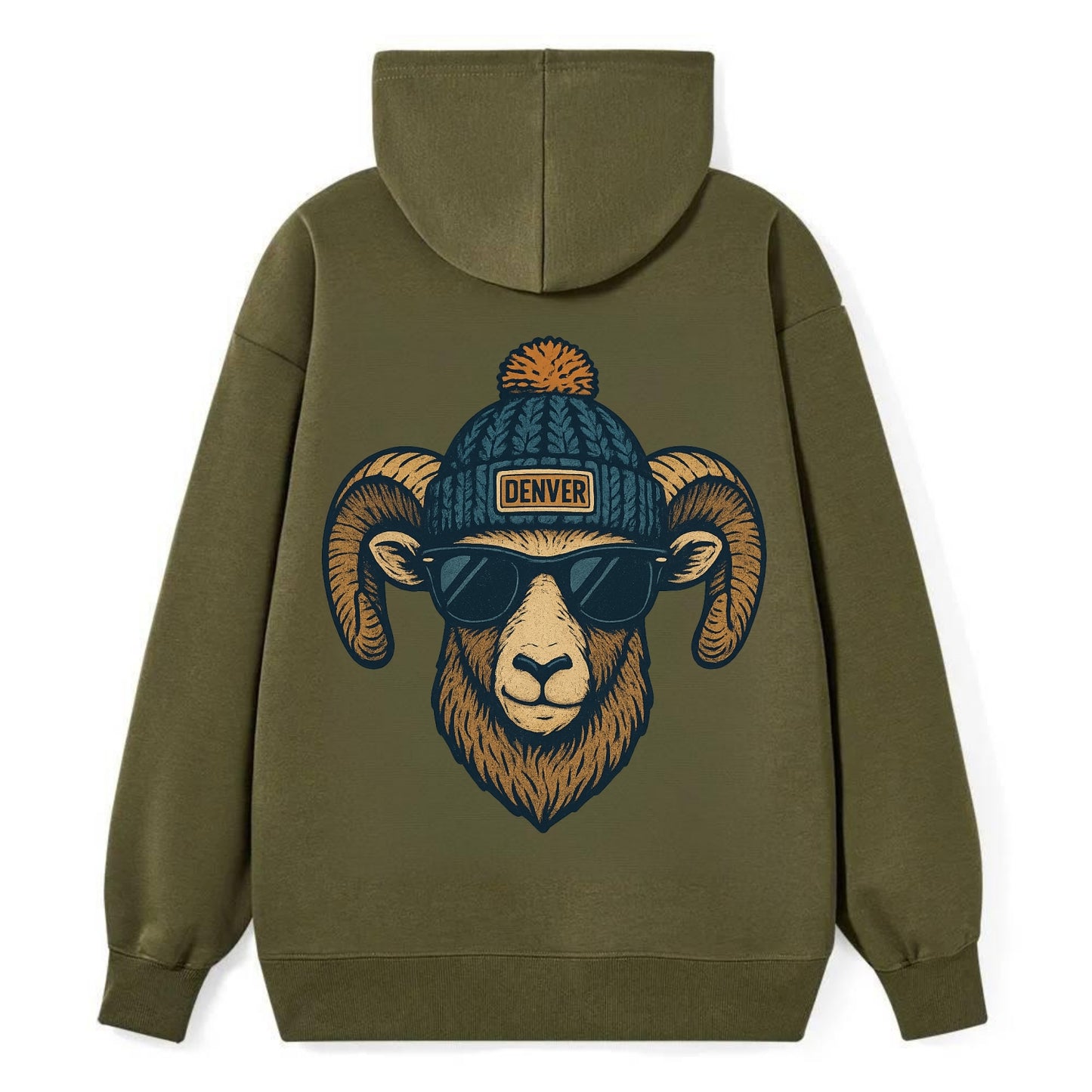 Colorado Rocky Mountain Bighorn Sheep wearing Denver beanie with pom pom - Classic Pullover Hoodie - ArmyGreen