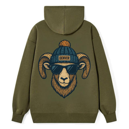Colorado Rocky Mountain Bighorn Sheep wearing Denver beanie with pom pom - Classic Pullover Hoodie - ArmyGreen