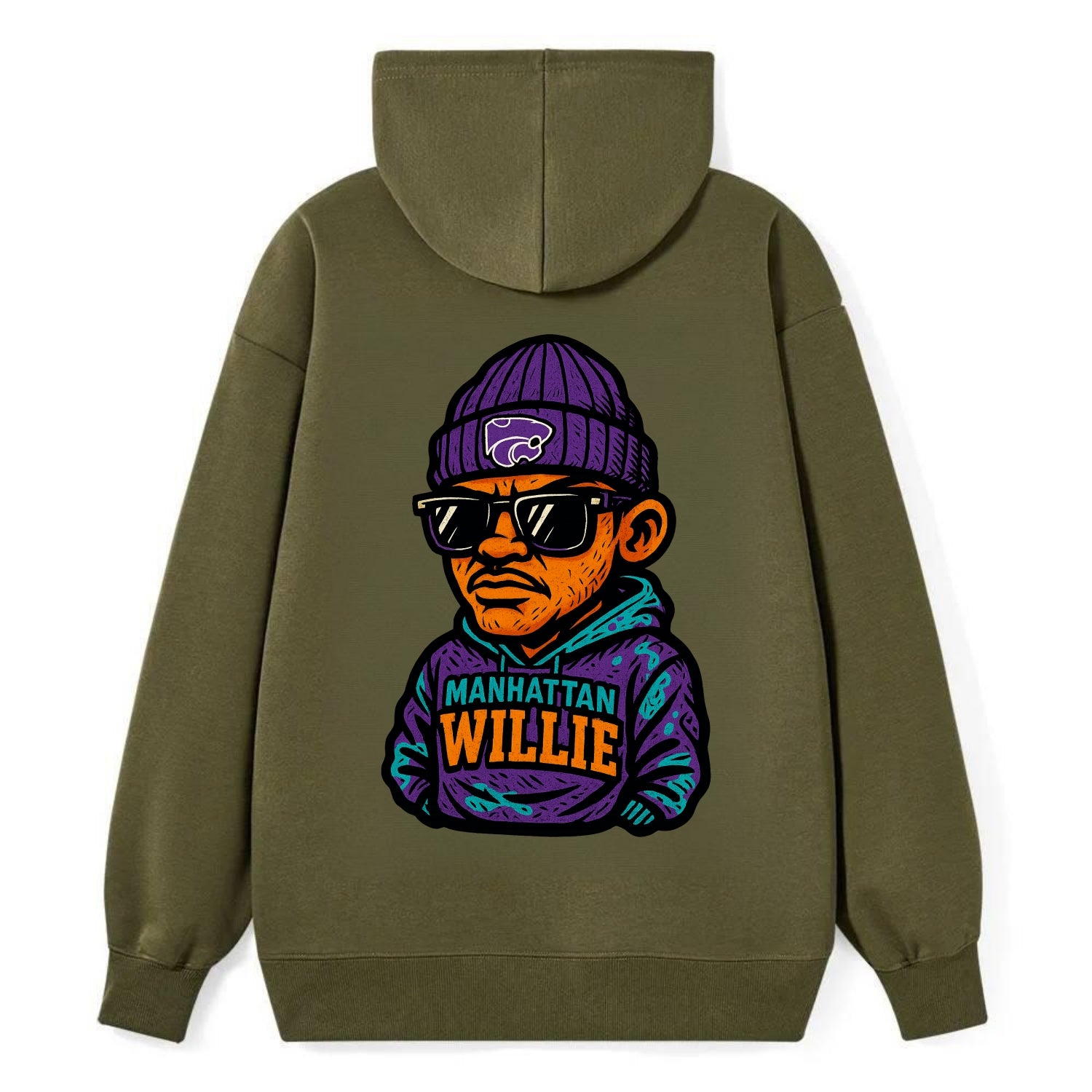 Manhattan Willie wearing Kansas State beanie with powercat patch - Classic Pullover Hoodie - ArmyGreen
