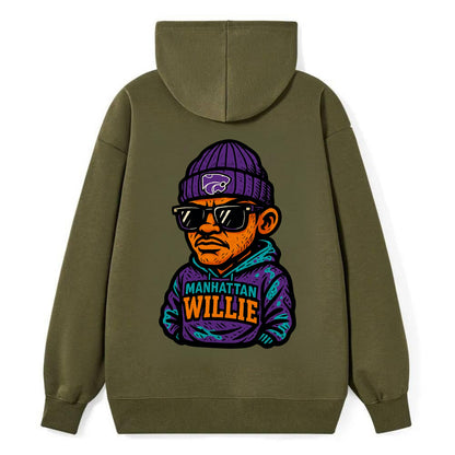 Manhattan Willie wearing Kansas State beanie with powercat patch - Classic Pullover Hoodie - ArmyGreen