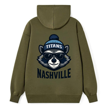 Nashville Raccoon wearing Titans navy and light blue beanie with pom pom - Classic Pullover Hoodie - ArmyGreen