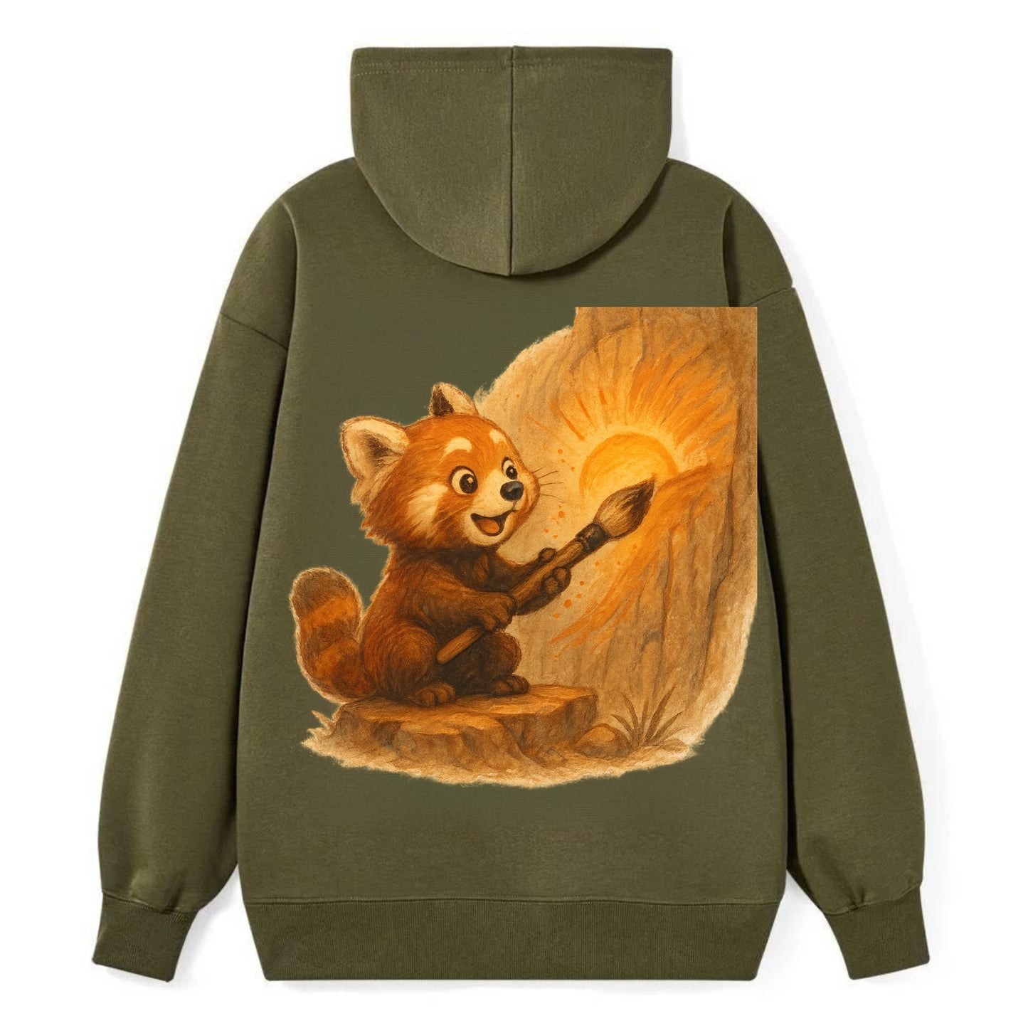 Red panda painting a sunrise mural with an oversized calligraphy brush on - Classic Pullover Hoodie - ArmyGreen
