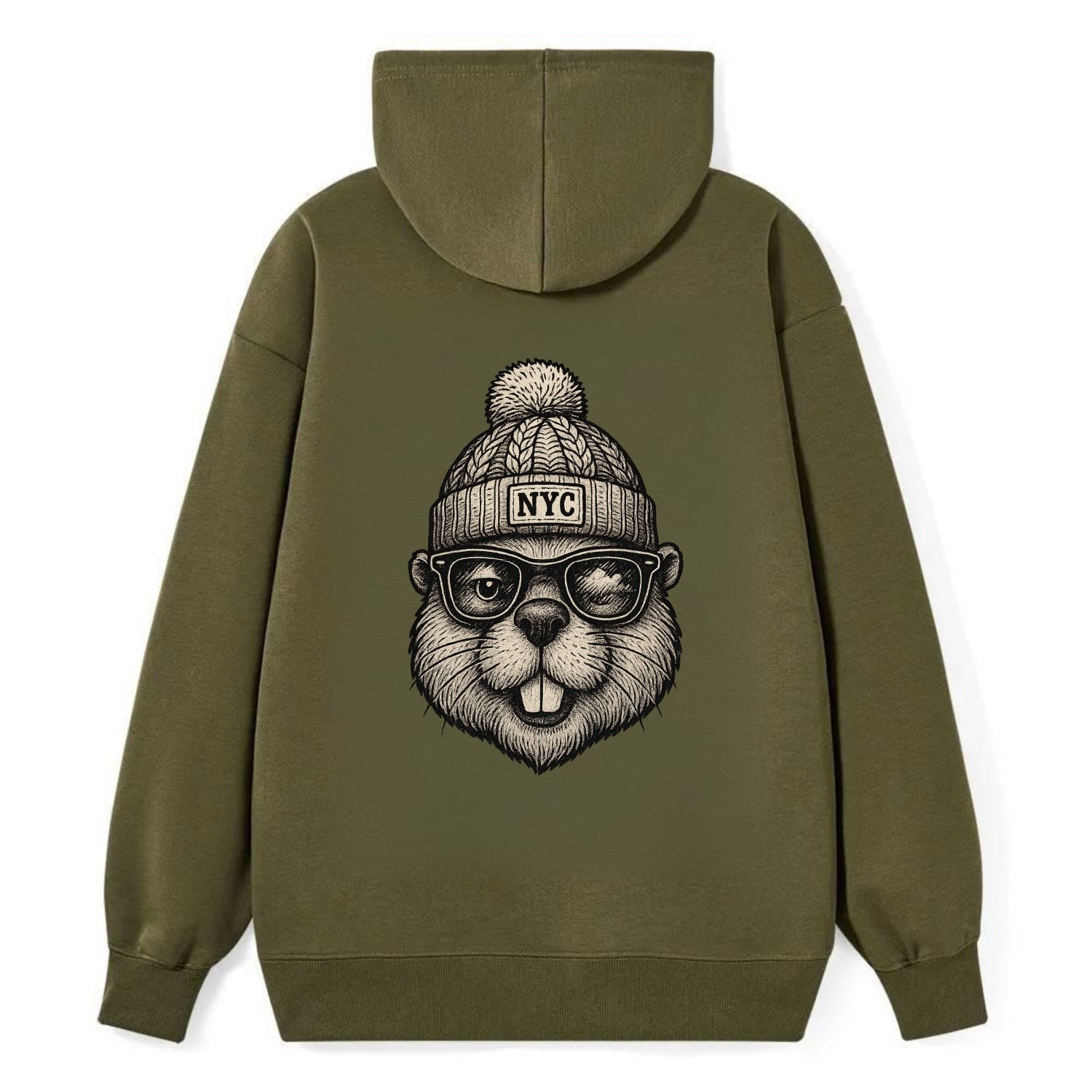 New York Beaver wearing NYC beanie with pom pom and wayfarer sunglasses - Classic Pullover Hoodie - ArmyGreen