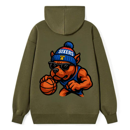 Philly Pitbull wearing Sixers beanie with Liberty Bell and wayfarer - Classic Pullover Hoodie - ArmyGreen