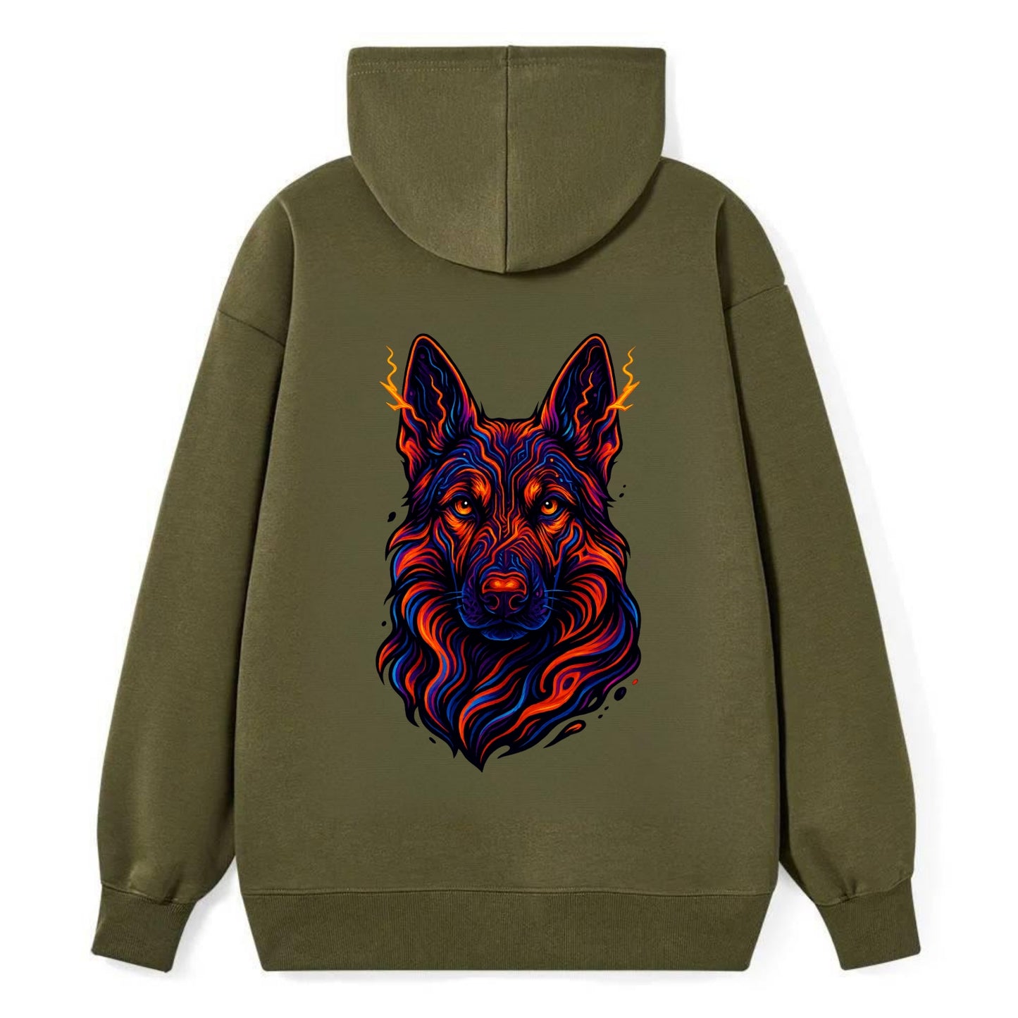 Alert German Shepherd with cyber circuit patterns in the fur, neon orange - Classic Pullover Hoodie - ArmyGreen