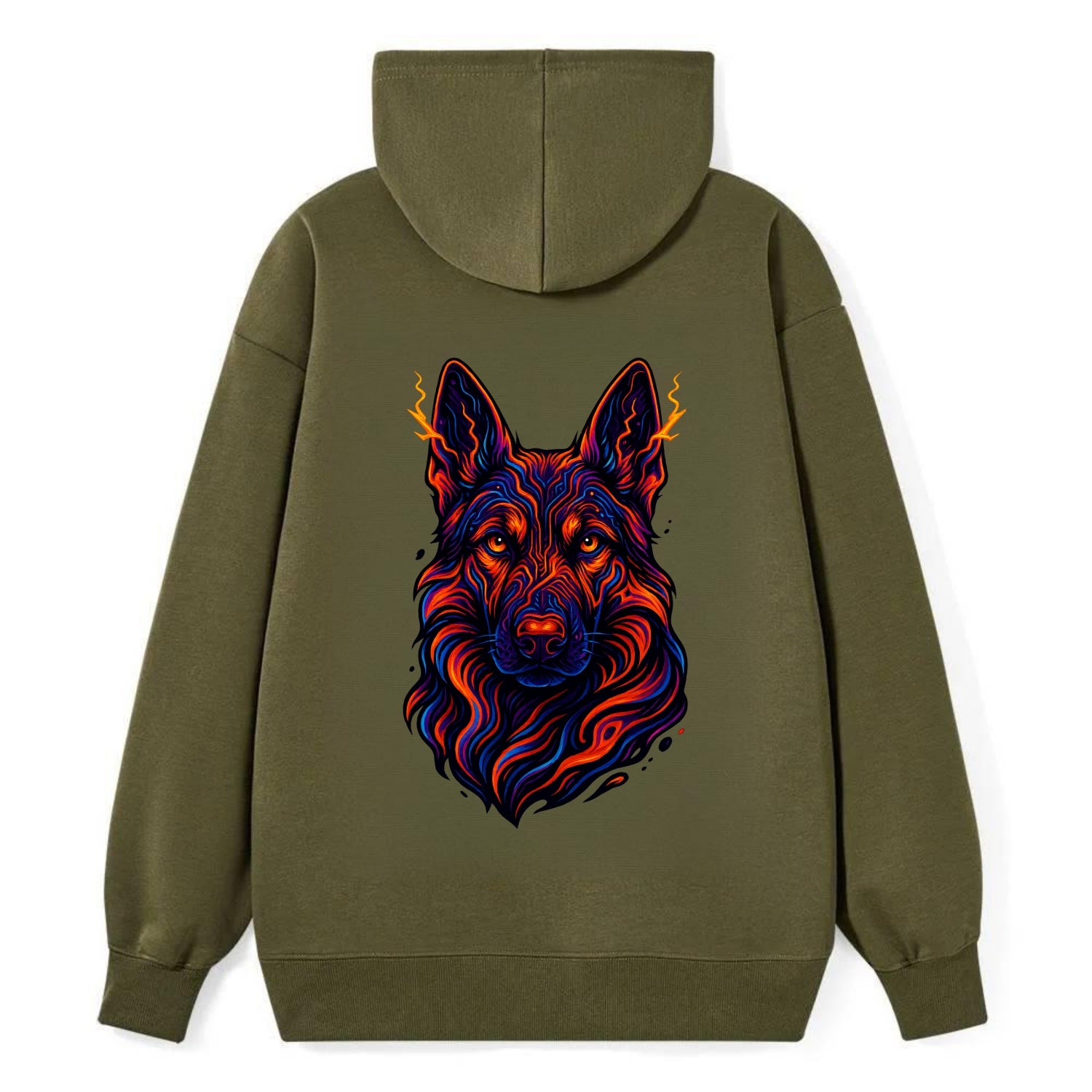 Alert German Shepherd with cyber circuit patterns in the fur, neon orange - Classic Pullover Hoodie - ArmyGreen