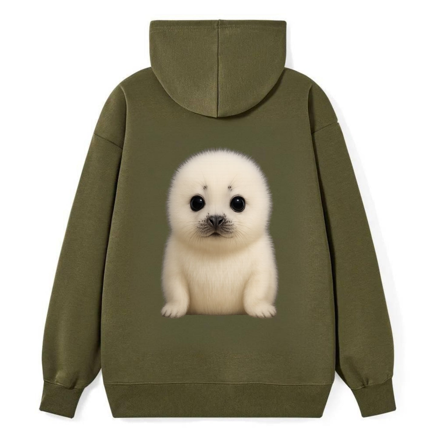 Baby Harp Seal - pure white fluffy fur, enormous dark eyes, front-facing, - Classic Pullover Hoodie - ArmyGreen