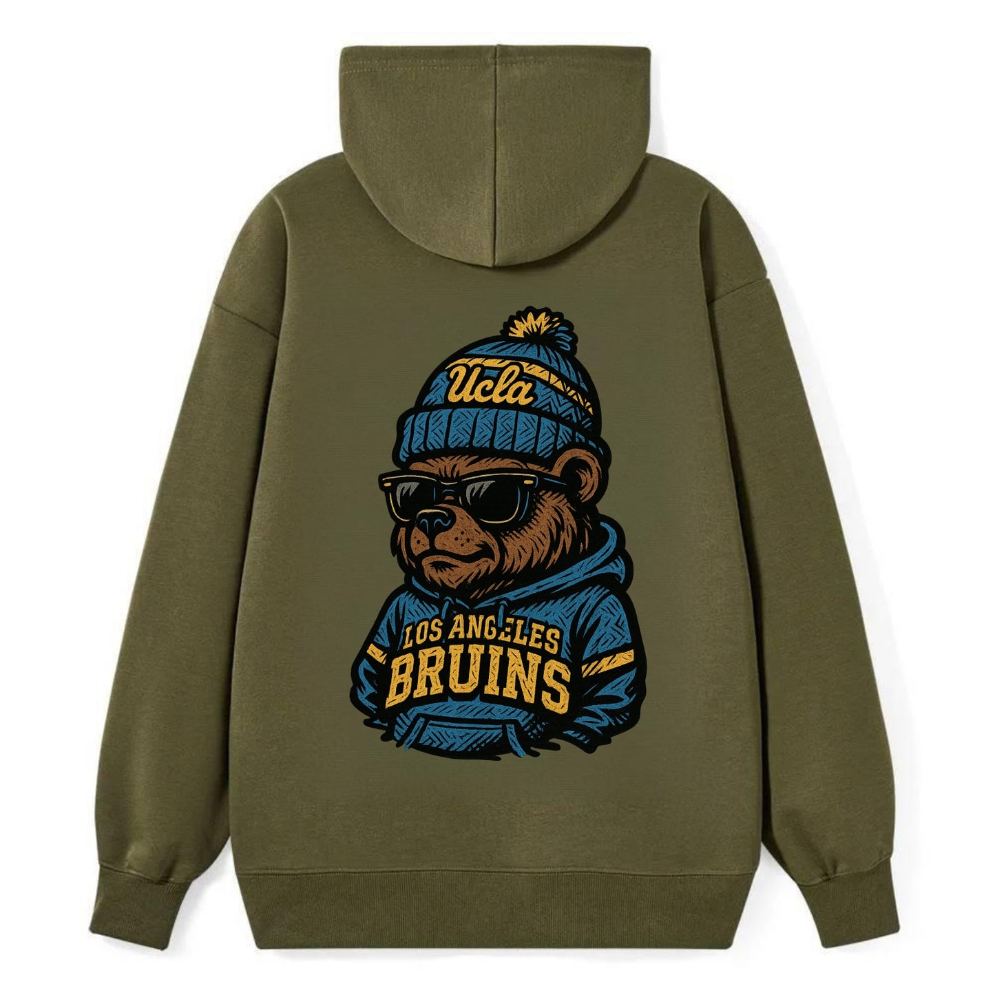 Los Angeles Bruin wearing UCLA beanie with script patch - Classic Pullover Hoodie - ArmyGreen