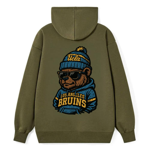 Los Angeles Bruin wearing UCLA beanie with script patch - Classic Pullover Hoodie