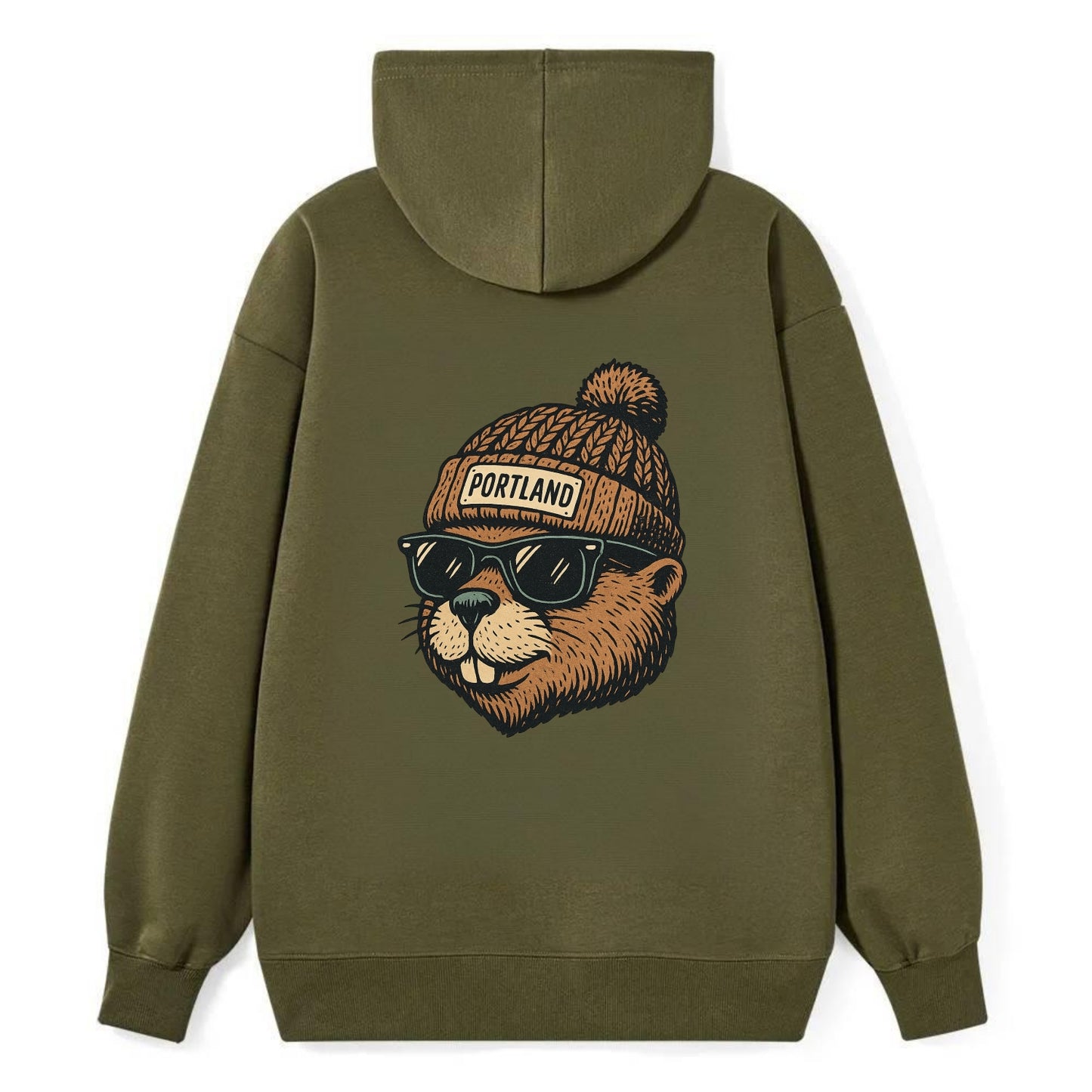 Portland Beaver wearing Portland beanie with pom pom and wayfarer - Classic Pullover Hoodie - ArmyGreen