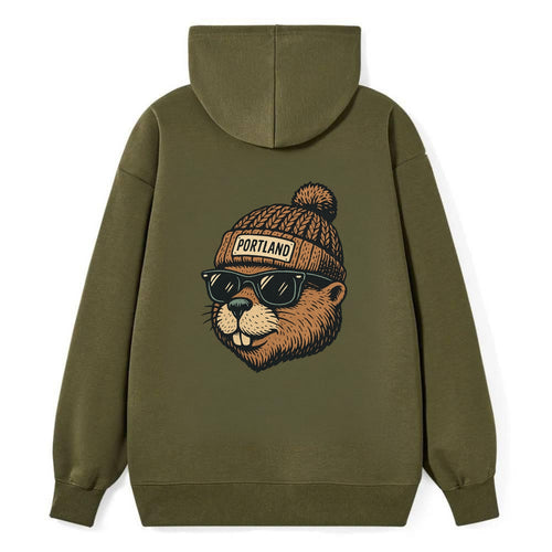 Portland Beaver wearing Portland beanie with pom pom and wayfarer - Classic Pullover Hoodie