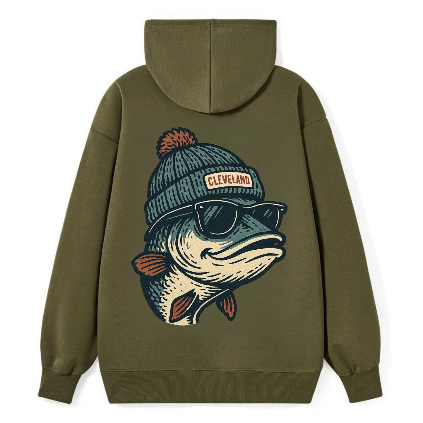 Cleveland Lake Erie Walleye wearing Cleveland beanie with pom pom and - Classic Pullover Hoodie - ArmyGreen