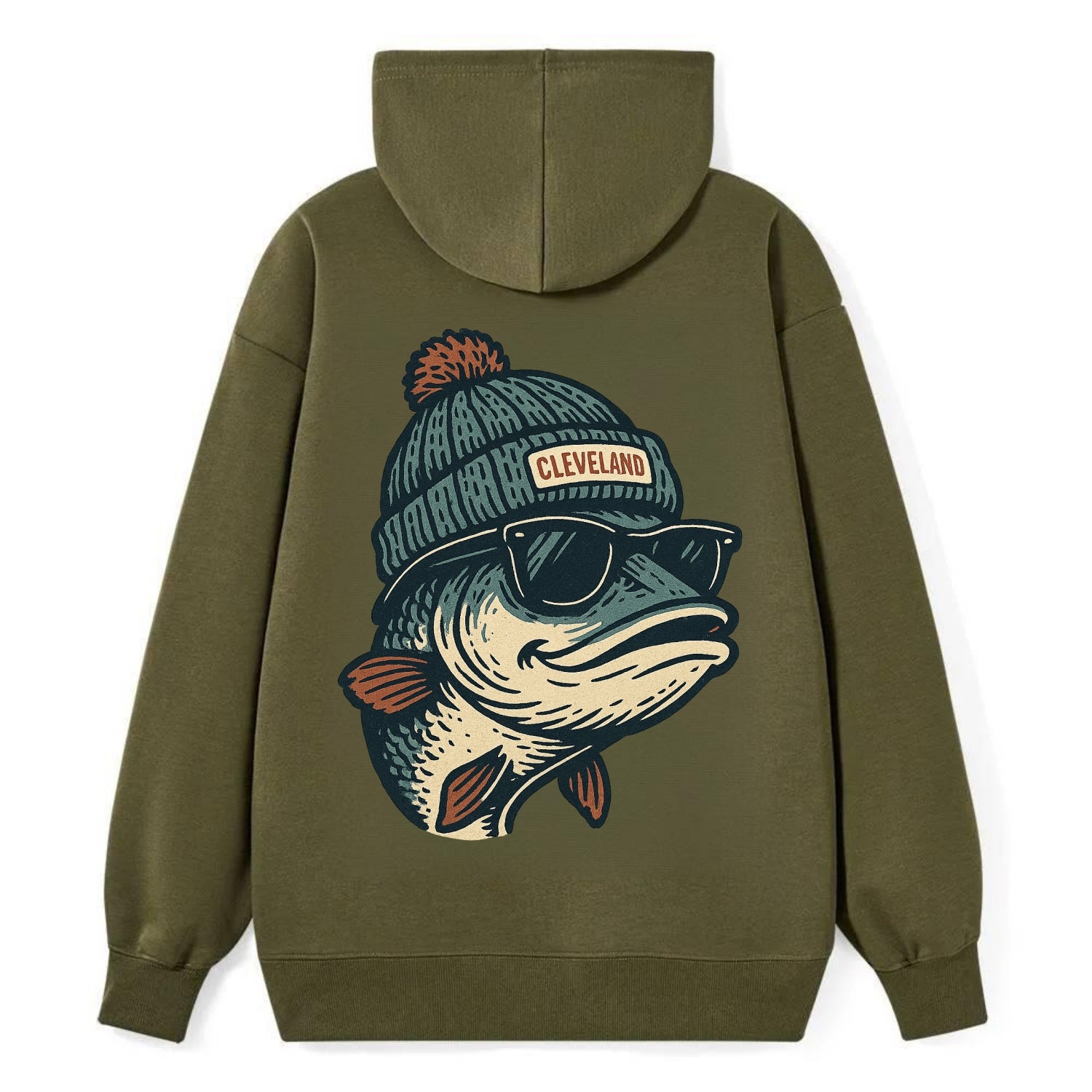 Cleveland Lake Erie Walleye wearing Cleveland beanie with pom pom and - Classic Pullover Hoodie - ArmyGreen
