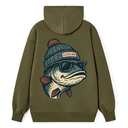 Cleveland Lake Erie Walleye wearing Cleveland beanie with pom pom and - Classic Pullover Hoodie - ArmyGreen