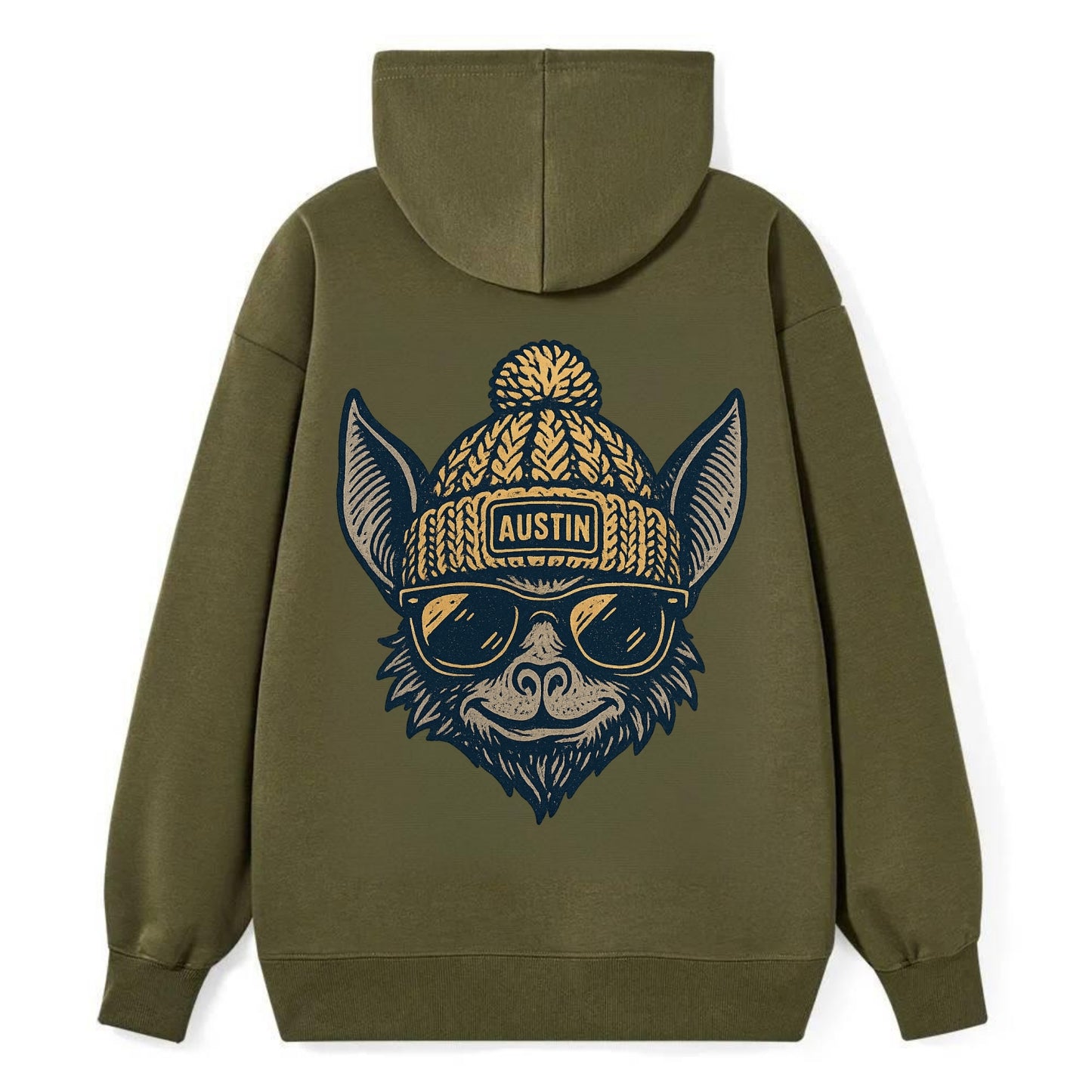 Austin Bat wearing Austin beanie with pom pom and wayfarer sunglasses - Classic Pullover Hoodie - ArmyGreen
