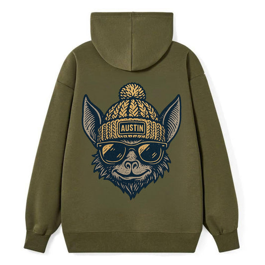 Austin Bat wearing Austin beanie with pom pom and wayfarer sunglasses - Classic Pullover Hoodie - ArmyGreen