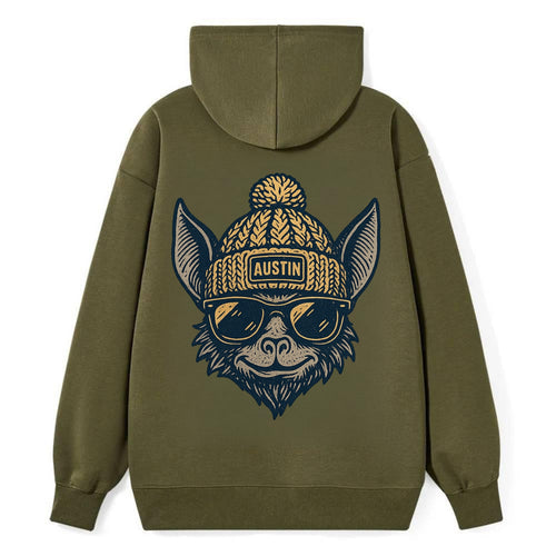 Austin Bat wearing Austin beanie with pom pom and wayfarer sunglasses - Classic Pullover Hoodie