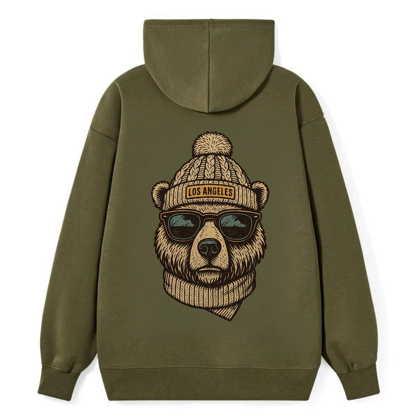 California Grizzly Bear wearing Los Angeles beanie with pom pom and - Classic Pullover Hoodie - ArmyGreen