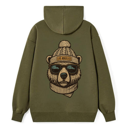 California Grizzly Bear wearing Los Angeles beanie with pom pom and - Classic Pullover Hoodie - ArmyGreen