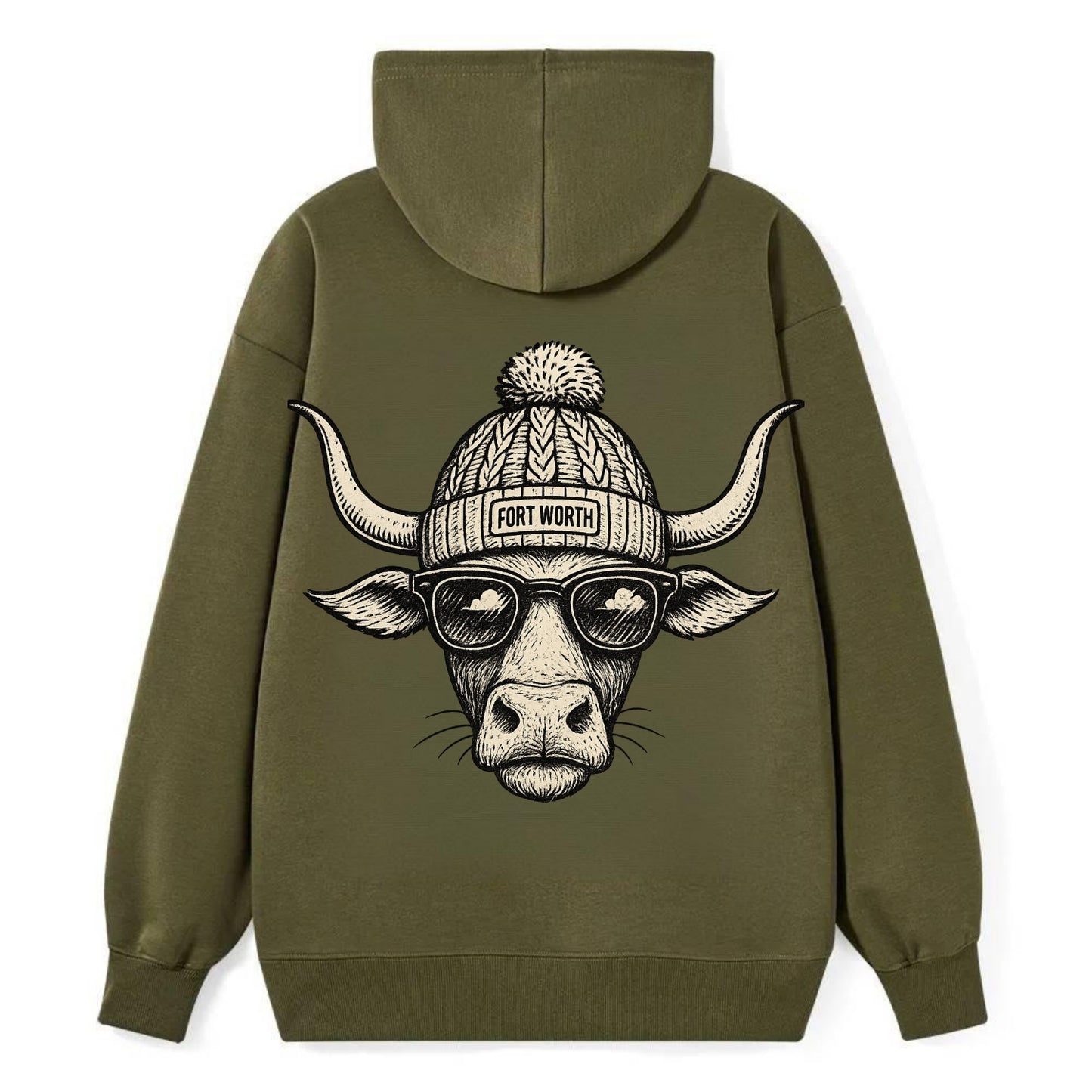 Fort Worth Longhorn wearing Fort Worth beanie with pom pom and wayfarer - Classic Pullover Hoodie - ArmyGreen