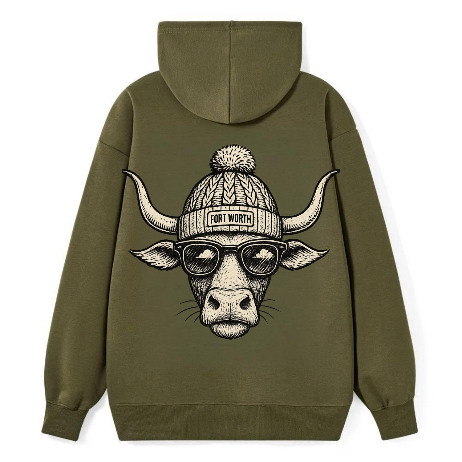 Fort Worth Longhorn wearing Fort Worth beanie with pom pom and wayfarer - Classic Pullover Hoodie - ArmyGreen