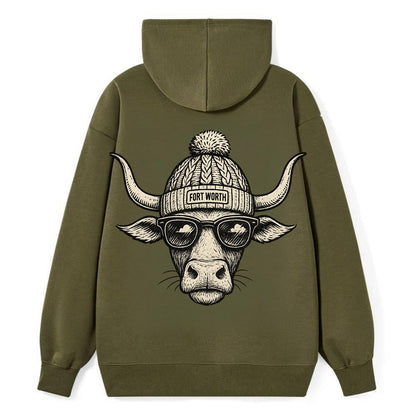 Fort Worth Longhorn wearing Fort Worth beanie with pom pom and wayfarer - Classic Pullover Hoodie - ArmyGreen