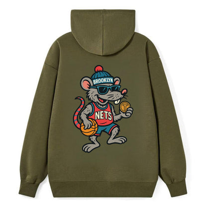 Brooklyn Rat wearing Nets beanie with subway token and wayfarer sunglasses - Classic Pullover Hoodie - ArmyGreen