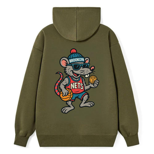 Brooklyn Rat wearing Nets beanie with subway token and wayfarer sunglasses - Classic Pullover Hoodie