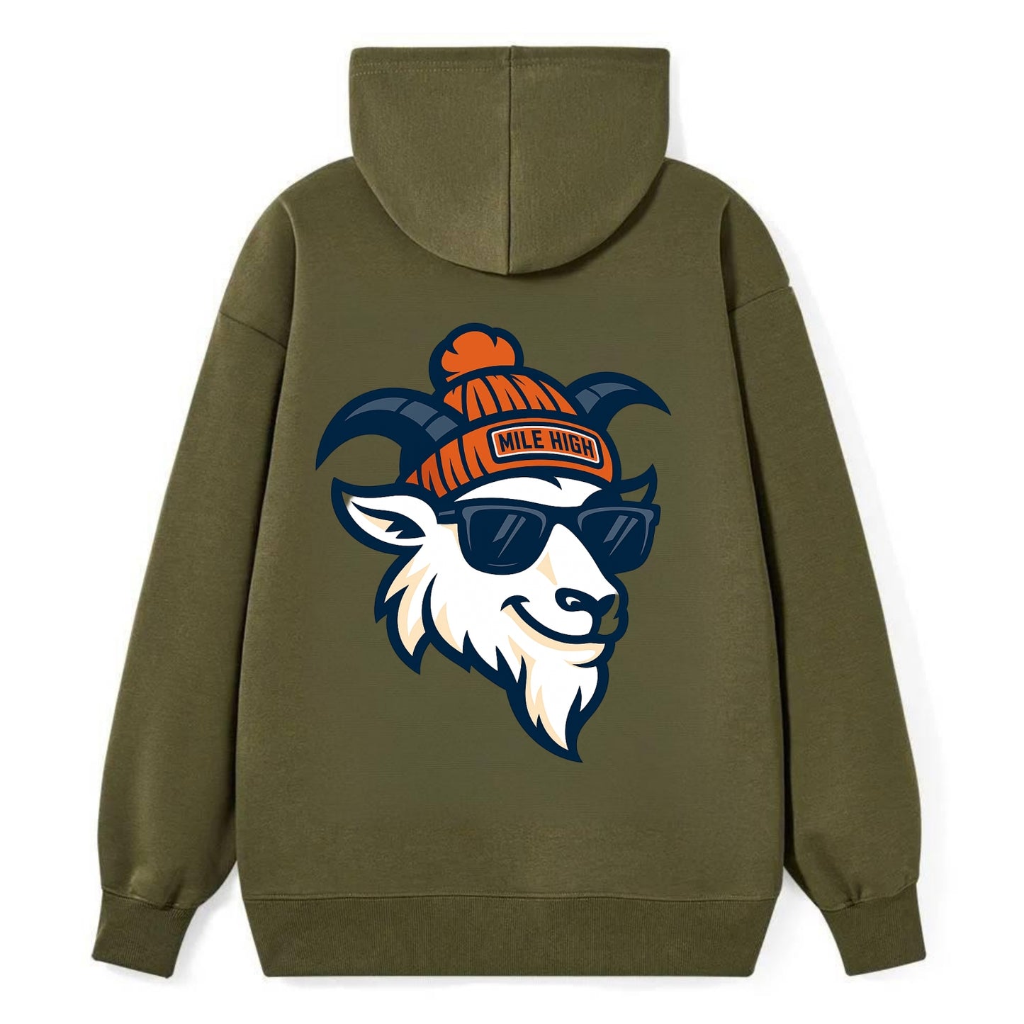 Denver Mountain Goat wearing Broncos beanie with Mile High patch and - Classic Pullover Hoodie - ArmyGreen