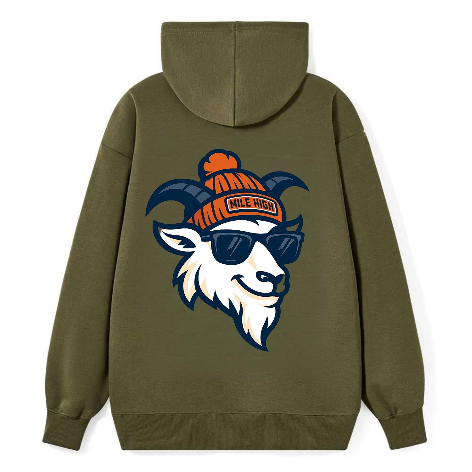 Denver Mountain Goat wearing Broncos beanie with Mile High patch and - Classic Pullover Hoodie - ArmyGreen