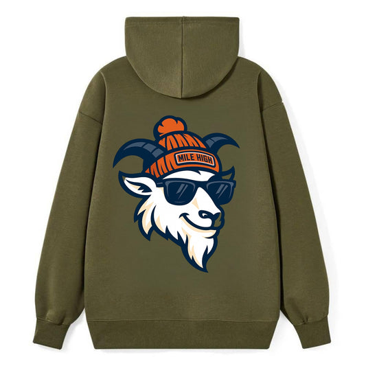 Denver Mountain Goat wearing Broncos beanie with Mile High patch and - Classic Pullover Hoodie - ArmyGreen