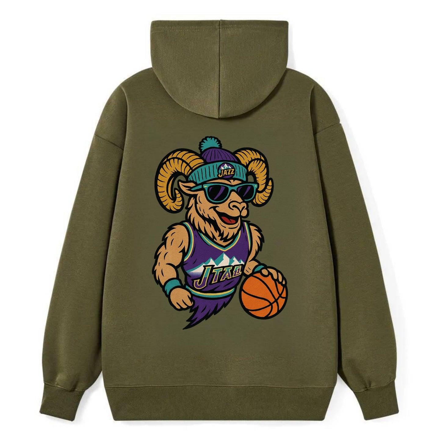Utah Bighorn wearing Jazz beanie with mountain melody patch and wayfarer - Classic Pullover Hoodie - ArmyGreen