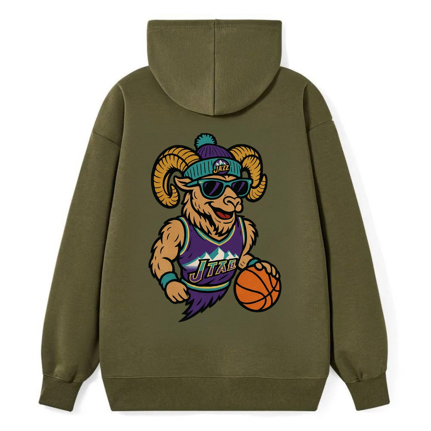 Utah Bighorn wearing Jazz beanie with mountain melody patch and wayfarer - Classic Pullover Hoodie - ArmyGreen