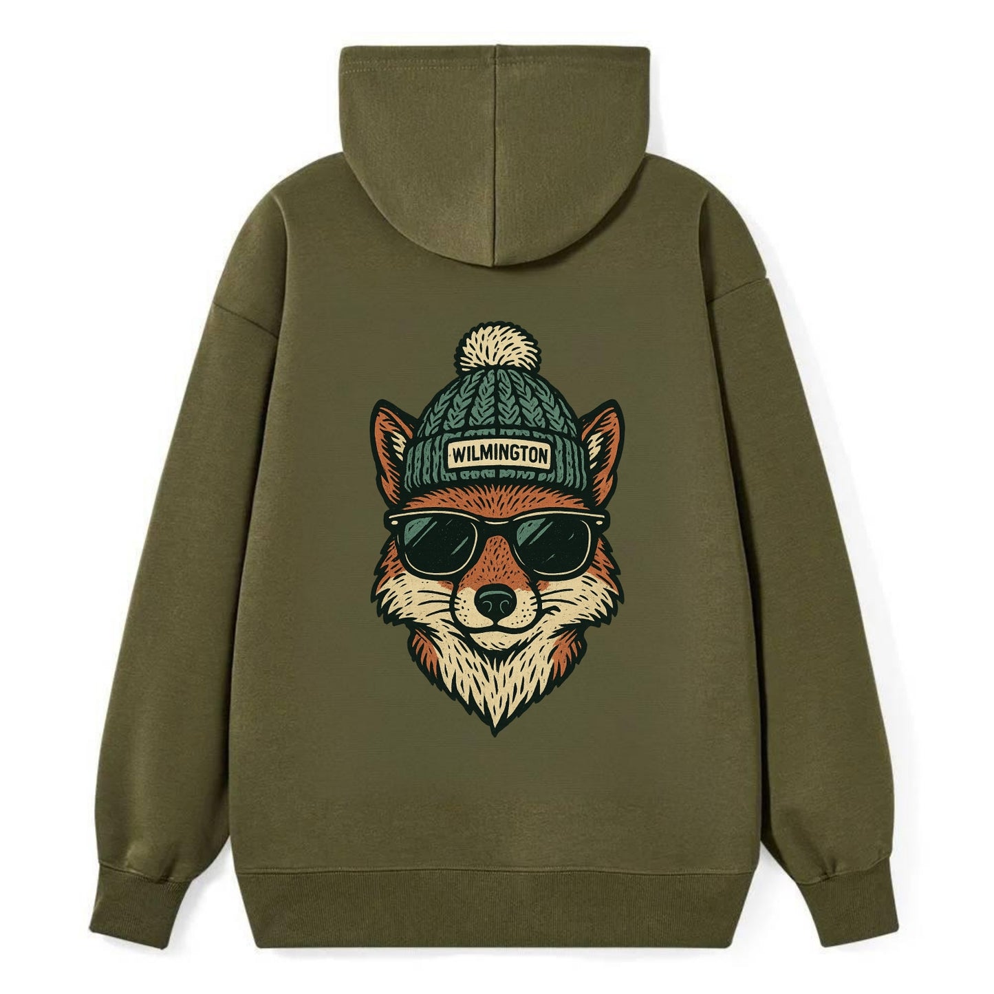 Delaware Gray Fox wearing Wilmington beanie with pom pom and wayfarer - Classic Pullover Hoodie - ArmyGreen