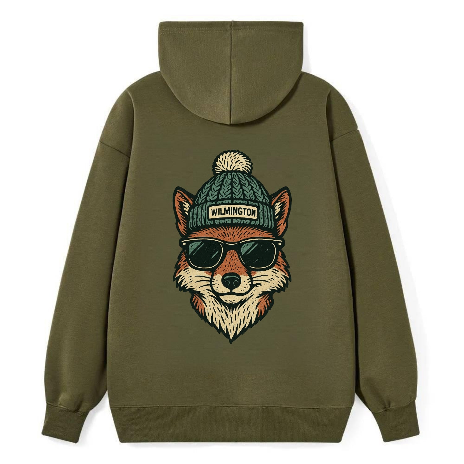 Delaware Gray Fox wearing Wilmington beanie with pom pom and wayfarer - Classic Pullover Hoodie - ArmyGreen