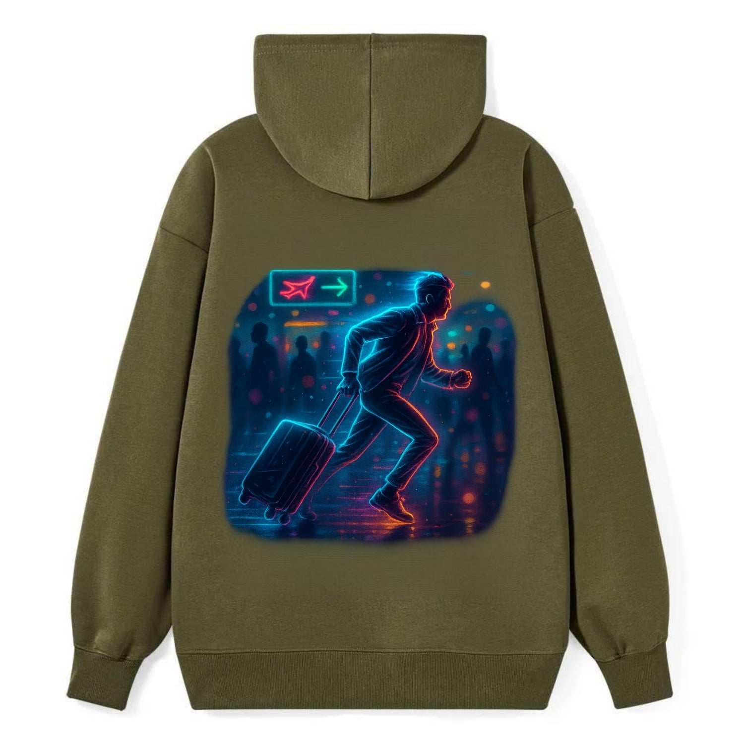 person running with luggage through crowded airport terminal - Classic Pullover Hoodie - ArmyGreen