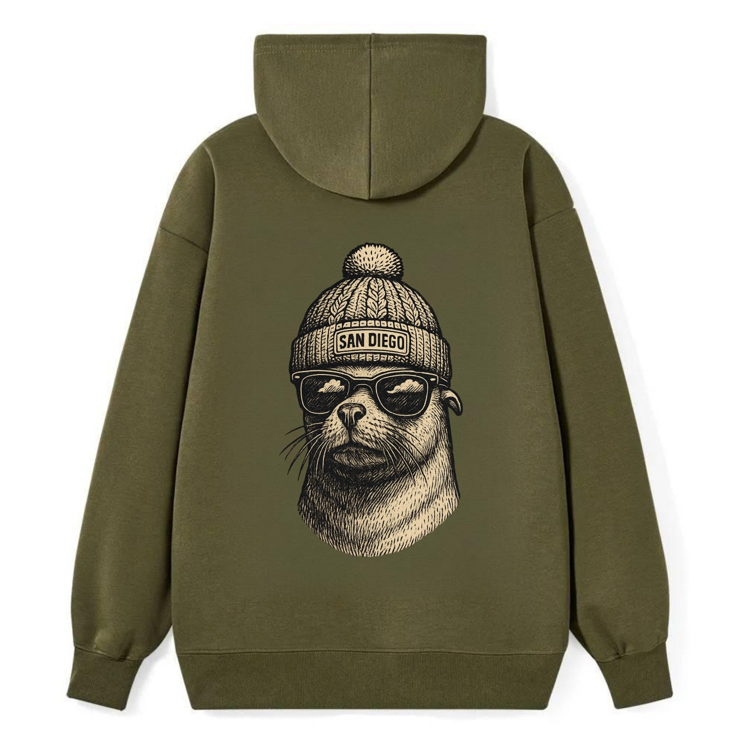 San Diego Sea Lion wearing San Diego beanie with pom pom and wayfarer - Classic Pullover Hoodie - ArmyGreen