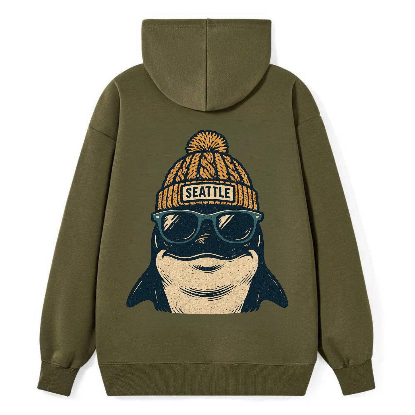 Seattle Orca wearing Seattle beanie with pom pom and wayfarer sunglasses - Classic Pullover Hoodie - ArmyGreen