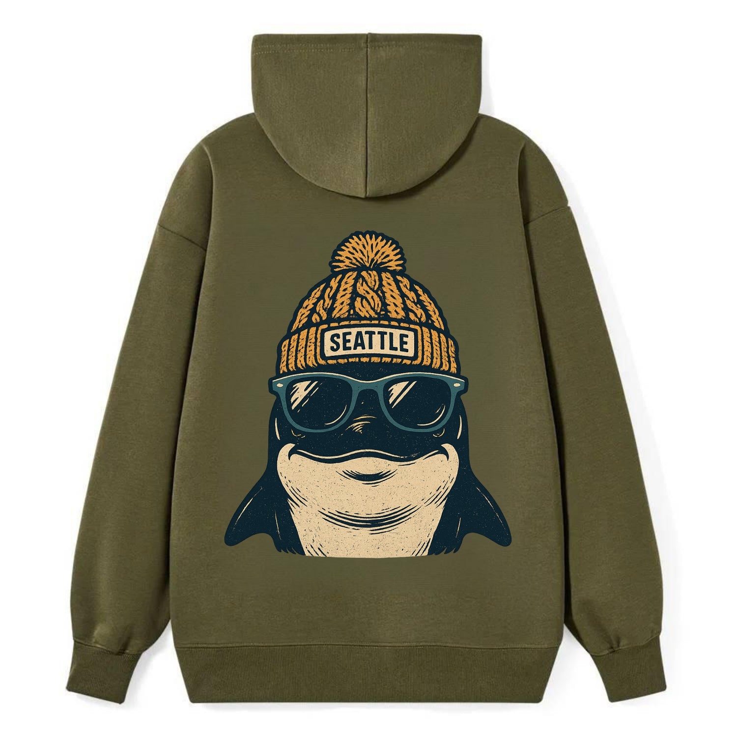Seattle Orca wearing Seattle beanie with pom pom and wayfarer sunglasses - Classic Pullover Hoodie - ArmyGreen