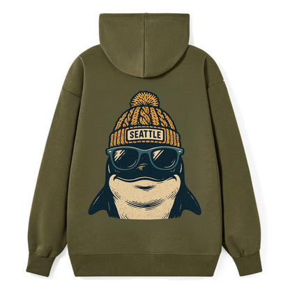 Seattle Orca wearing Seattle beanie with pom pom and wayfarer sunglasses - Classic Pullover Hoodie - ArmyGreen