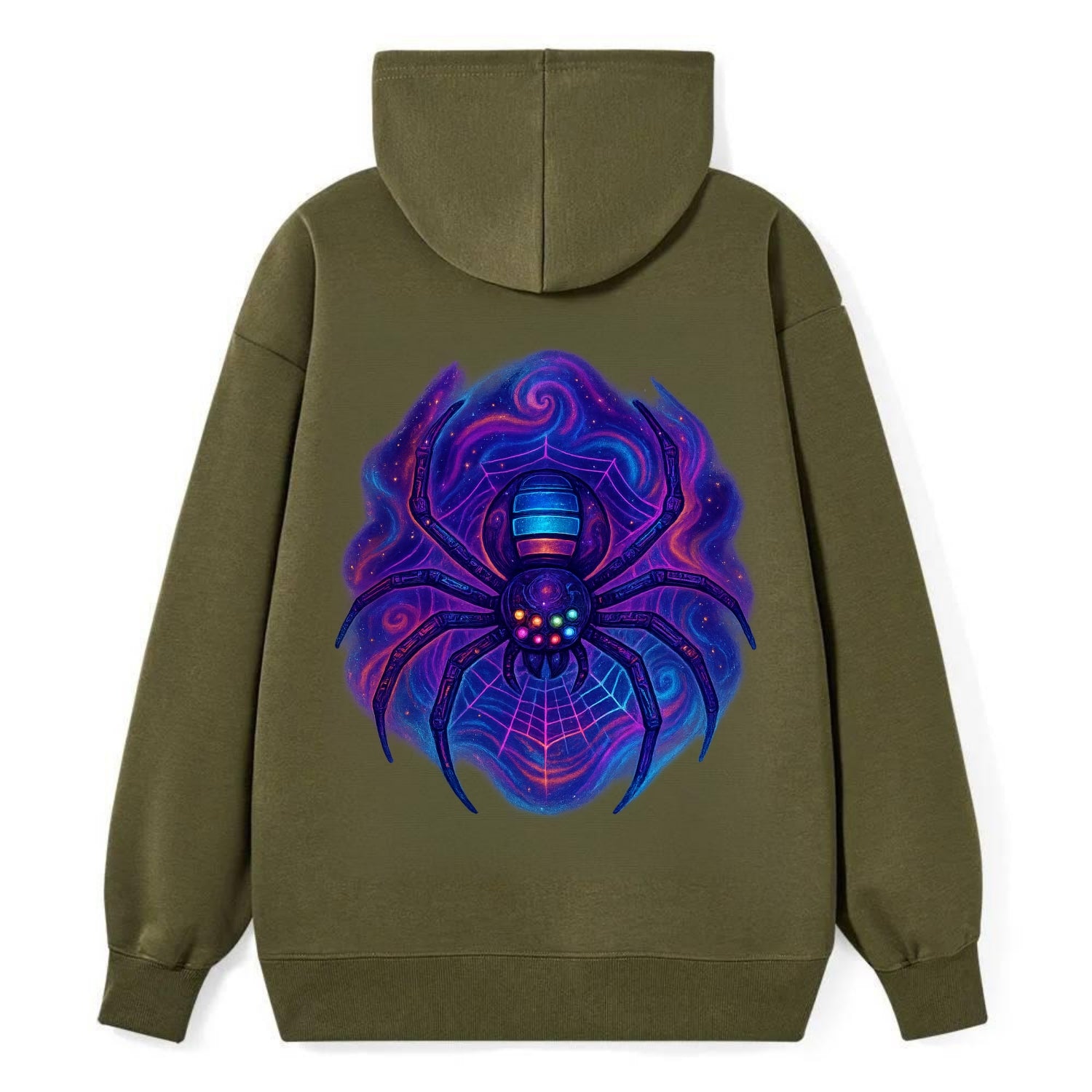 Tech spider with legs showing circuit board patterns, web glowing in neon - Classic Pullover Hoodie - ArmyGreen