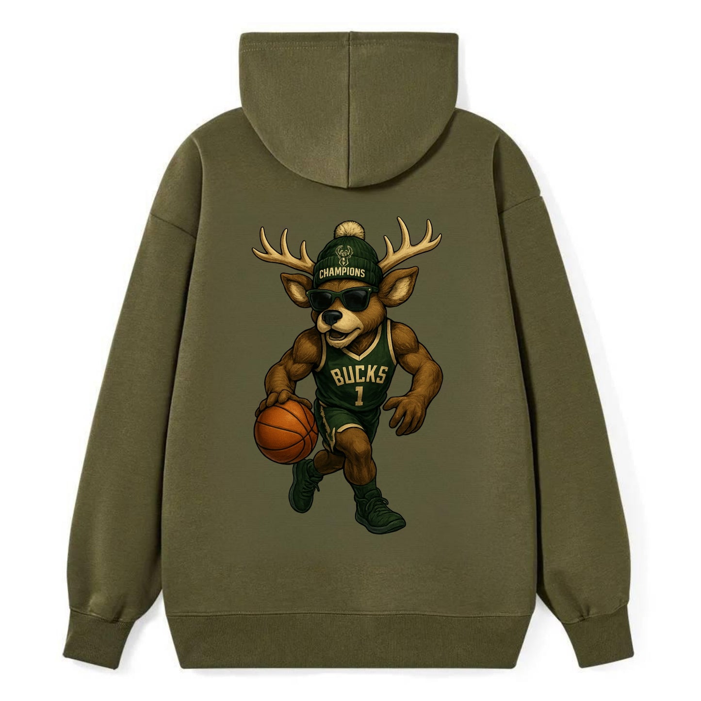 Milwaukee Buck Deer wearing Bucks green and cream beanie with antlers and - Classic Pullover Hoodie - ArmyGreen