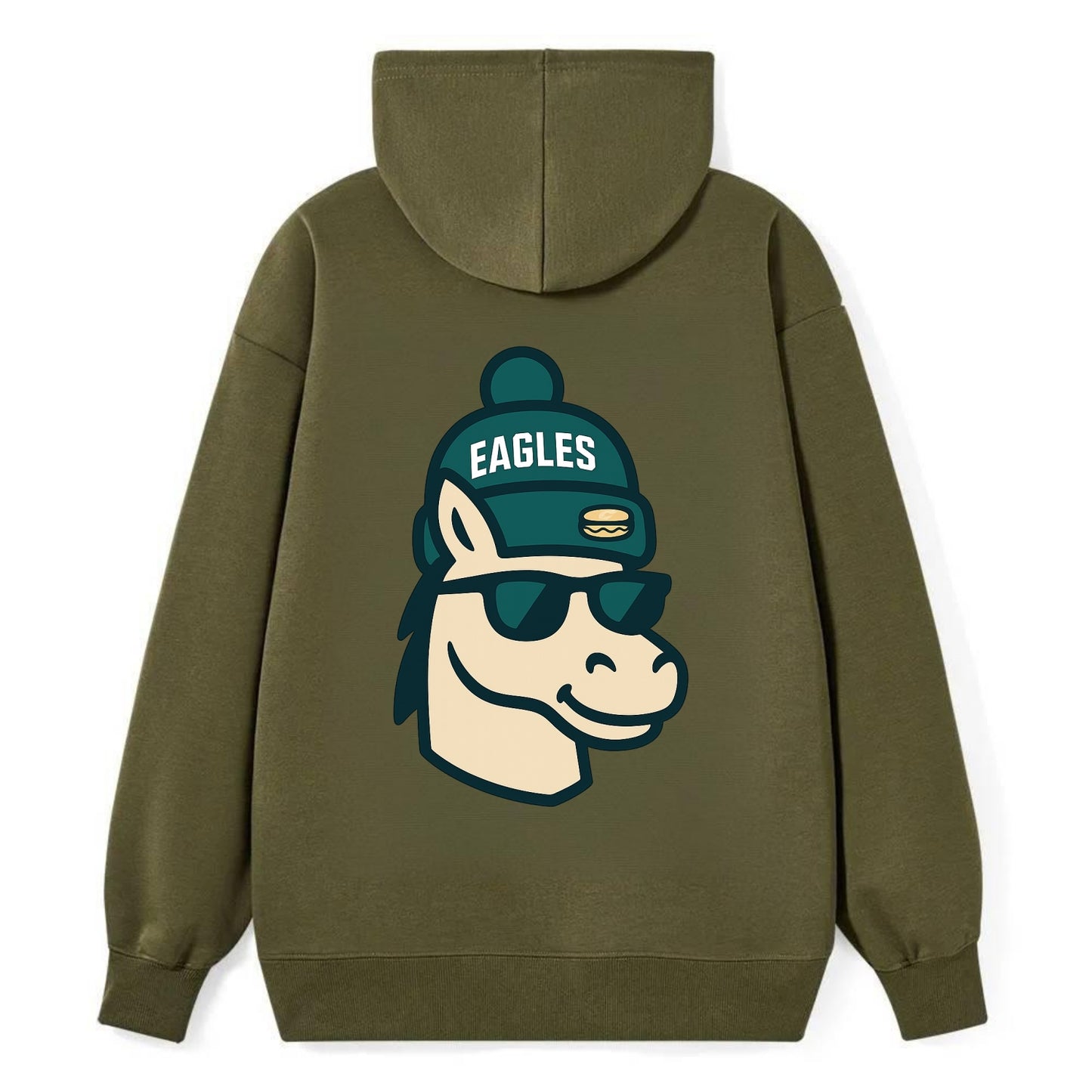 Philadelphia Horse wearing Eagles beanie with cheesesteak patch and - Classic Pullover Hoodie - ArmyGreen