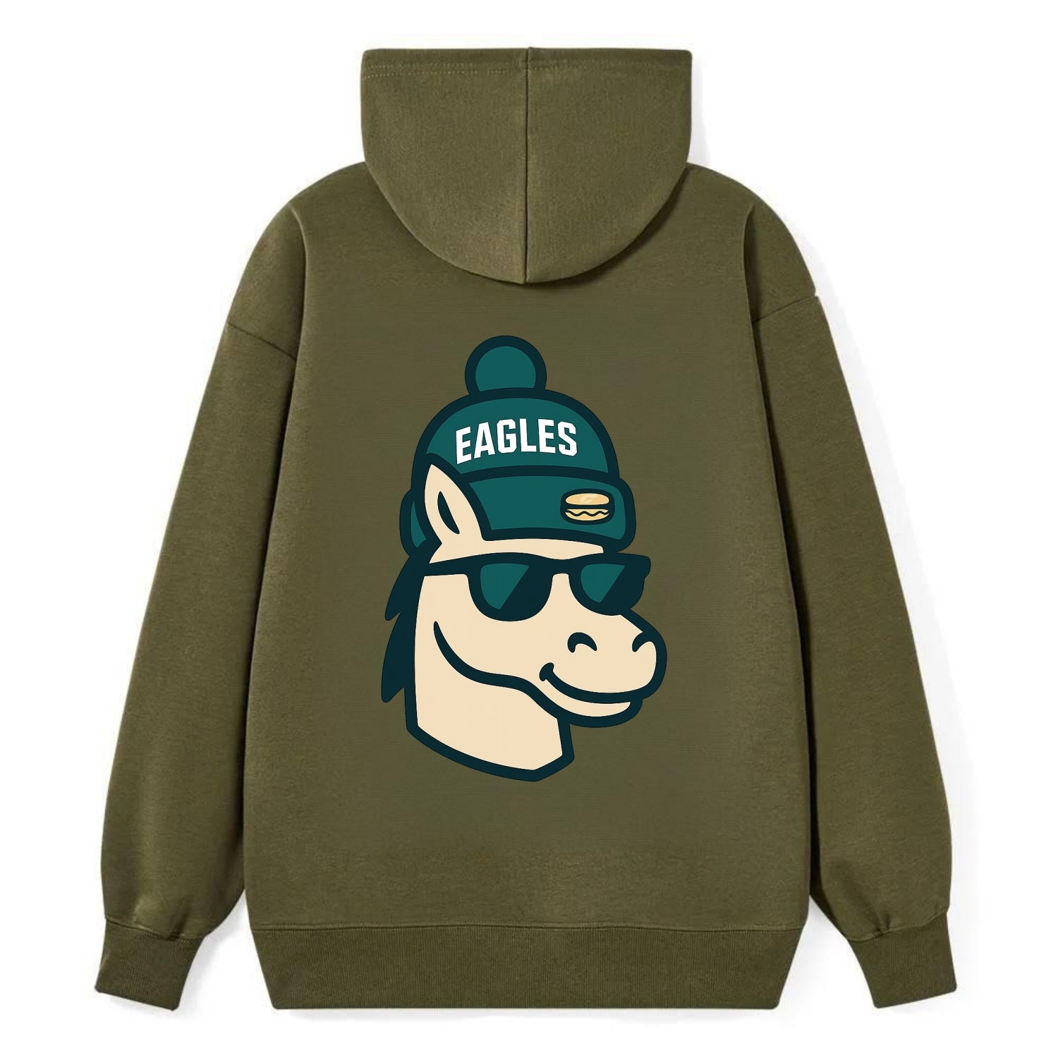 Philadelphia Horse wearing Eagles beanie with cheesesteak patch and - Classic Pullover Hoodie - ArmyGreen