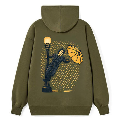 joyful dancing on lamppost in heavy rain with big smile - Classic Pullover Hoodie - ArmyGreen