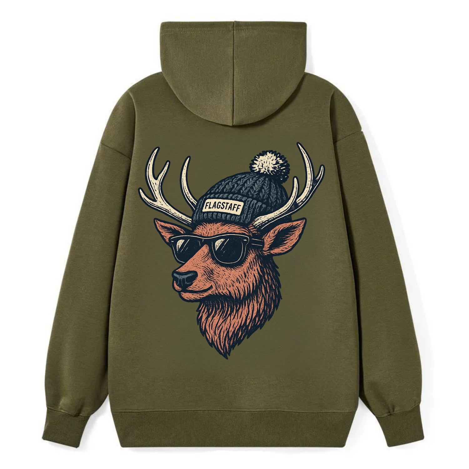 Flagstaff Elk wearing Flagstaff beanie with pom pom and wayfarer - Classic Pullover Hoodie - ArmyGreen